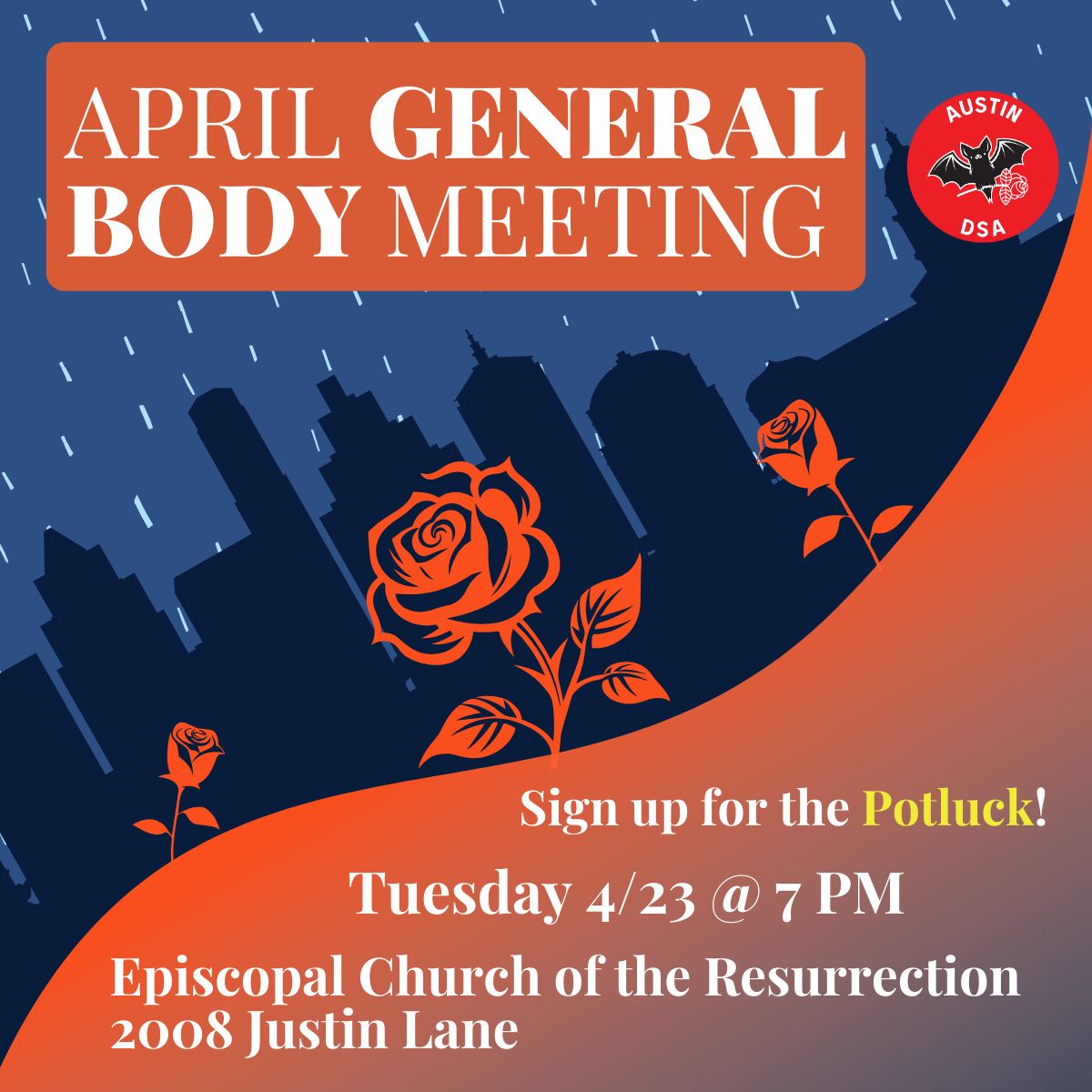 Join us Tuesday for the April GBM! We'll cover: -May Day Job Fair -Labor Notes report-back -Austin Pets Alive! Workers (APAW) union update -DSA office/storage update -2024-25 Leadership Committee candidates -Campaign updates & more! RSVP: buff.ly/4aL1RB4