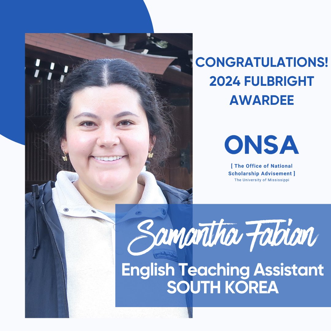 HAPPY FULBRIGHT NEWS!!! Samantha Fabian has received a grant from the Fulbright to be an English Teaching Assistant in South Korea for the 2024-2025 academic year! Congratulations, Samantha!