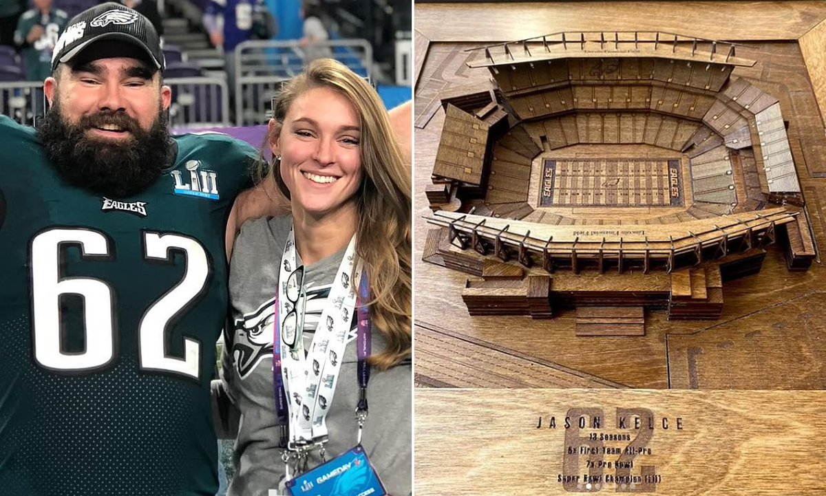 THIS IS COOL: Kylie Kelce got her husband, #Eagles legend Jason a stunning wood replica of Lincoln Financial Field as his retirement gift. 👏👏👏