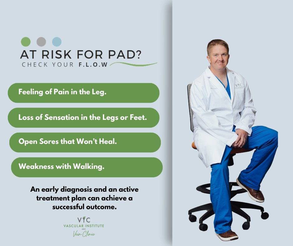 Do you think you might have PAD? Recognizing the signs early is crucial - think of FLOW!  Stay aware, stay informed - and trust the VIC Vascular team - your Regional Leaders in Vascular Care! #PADAwareness #VascularHealth #clifighters #vascularhealth 
vascularinstituteofchattanooga.com