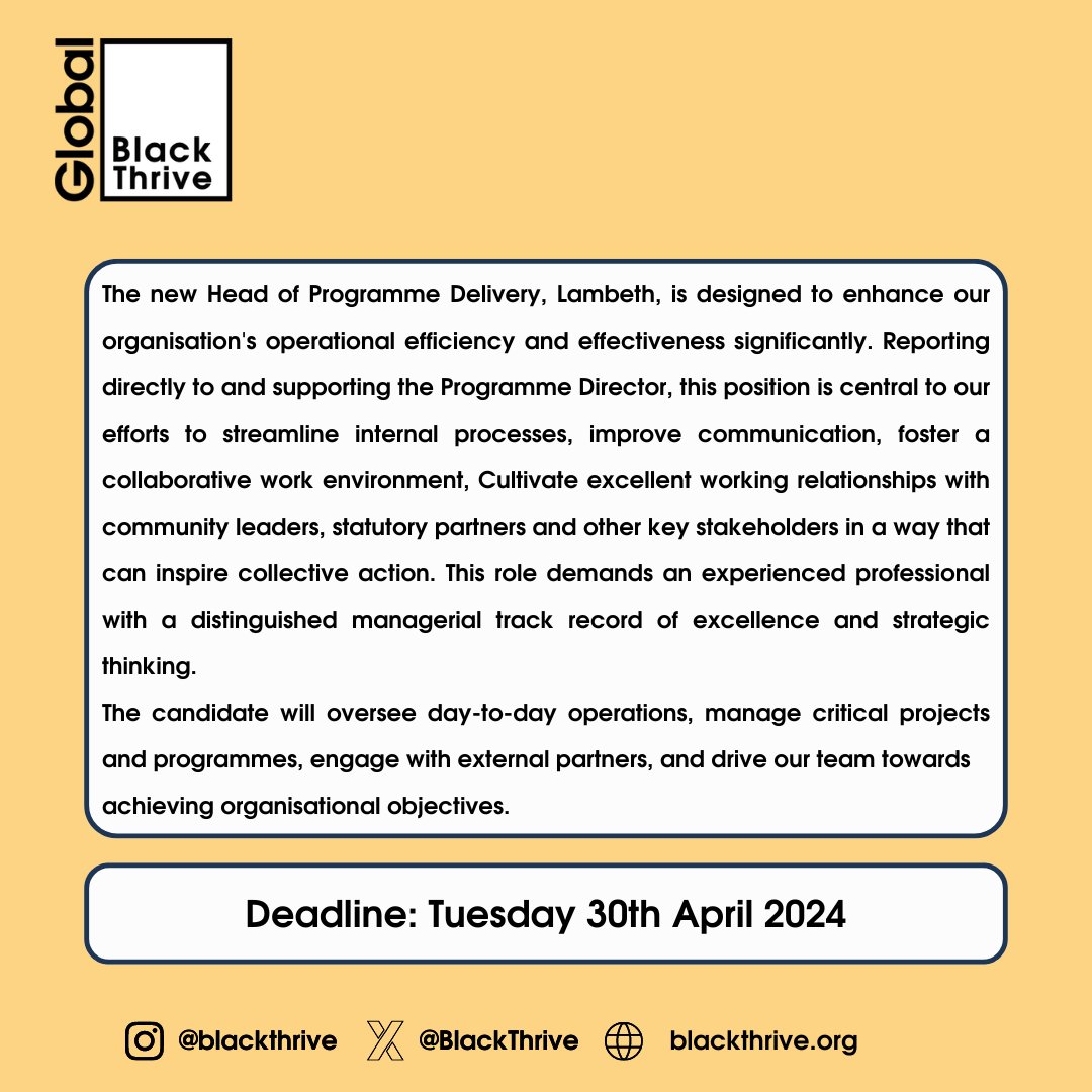 🌟 Join Our Team🌟 Are you ready to take on a leadership role that makes a difference? As part of Black Thrive, you'll have the opportunity to drive operational efficiency, foster collaboration, and make a positive impact on the community. Apply 👉🏾 indeedhi.re/3vkArm9