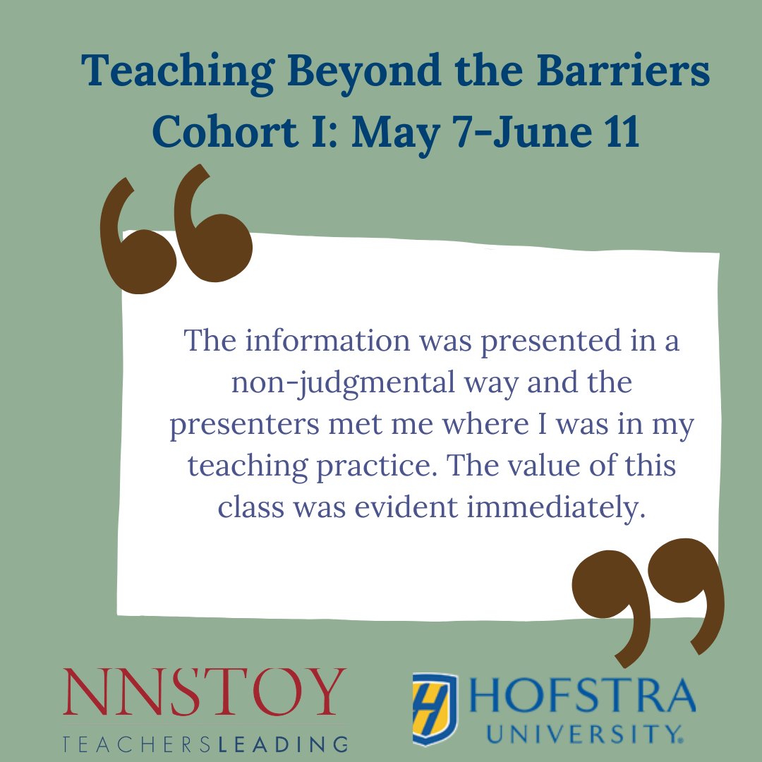 Teaching Beyond the Barriers empowers educators to become agents of change. We are excited to work with @hofstrau School of Education to bring this program to educators across the country.  Click the link to learn more. The first class begins on May 7th! hofstra.edu/education/teac…