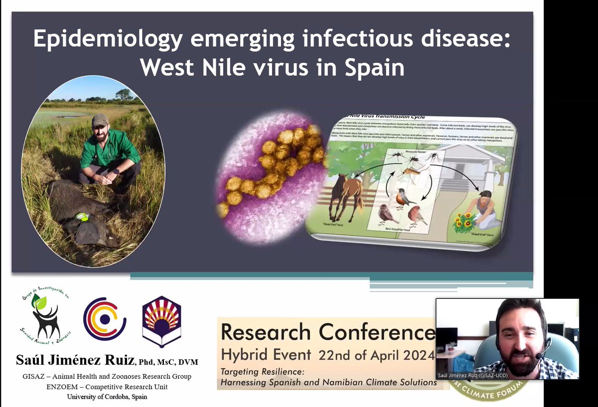 SaulJimenezRuiz's tweet photo. Hoy, día de la presentación del Plan Estratégico Andaluz para la Vigilancia y Control de Vectores Artrópodos #PEVA, @GISAZ_Cordoba acercando el virus #WestNile desde un punto de vista #OneHealth en España vía online en Namibia, en el I Climate Forum Namibia-España 🦟🇳🇦-🇪🇦🦠 https://t.co/kuwQBtImjB