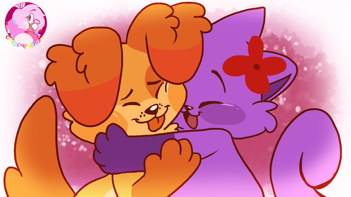 AU made by @KodyLikesYou This is a continuation of Kody's comic where Dogday gives catnap a flower, i adore this au because it reminds me of vintage children's books with watercolor illustrations ❤️🧡💛💚💙💜🩷 #catnap #dogday #smilingcritters #crazycakeparrotsart