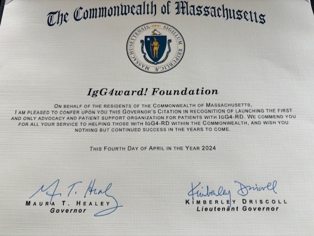 We are delighted to share that less than three weeks after IgG4ward! Founder Dr. Stone announced the foundation's goal to have April 4 designated as IgG4-RD Awareness Day, the State of Massachusetts has declared it so! #IgG4RD #IgG4relateddisease #IgG4ward #rarediseaseadvocacy