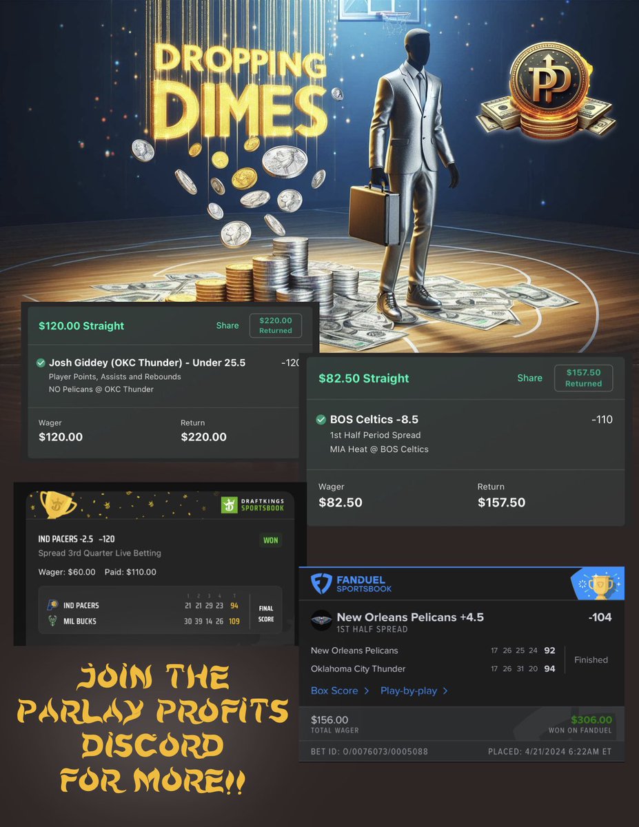 ParlayProfitsX's tweet photo. Another Absolute Murder of the #NBAPlayoffs Yesterday for our Capper And NBA Profit @Dropping__dimes !! Come join the Discord and get a FREE TWO WEEK TRIAL so you don’t miss out on any of the action!! #GamblingX #GamblingsTwitter  https://t.co/Szcum5OV98 https://t.co/yTzKvngmpw