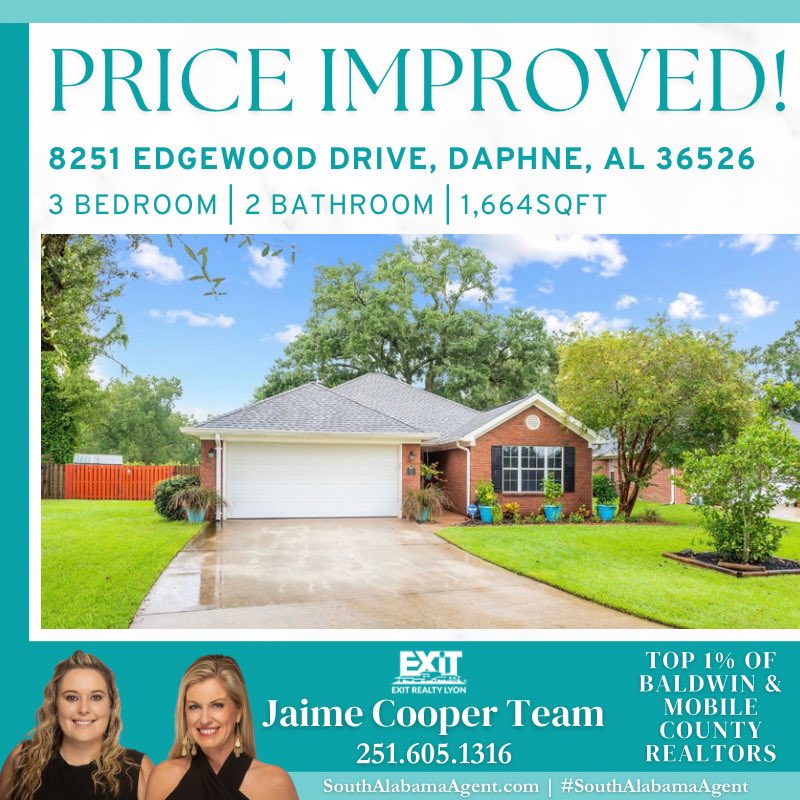 Price Improved by $9K! Now $300K!🏡

Jaime Cooper Team 📲251.605.1316 #Realtor #SouthAlabamaAgent #EXITRealtyLyon  #BaldwinCounty #ListWithJaime #BuyWithJaime #BaldwinRealtors #EasternShoreSpecialist #JaimeCooperTeam  #realestate #daphne #daphneAlabama #edgewood