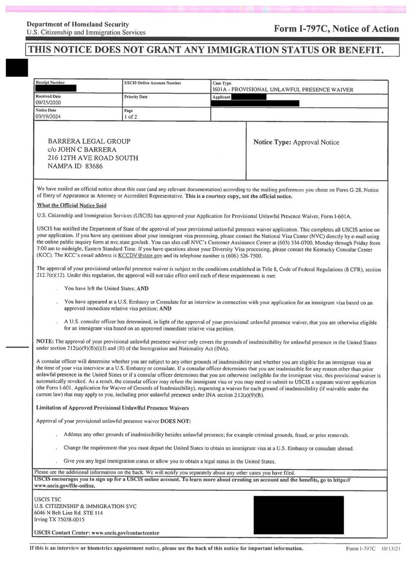 Celebrating a Milestone: Approval of Form I-601A, Provisional Unlawful Presence Waiver, for Our Client

barreralegal.com/blg-victories/…

#GreenCardHelp
#ConsularProcessing
#I601AAssistance
#WaiverApproval
#LegalImmigration
#ImmigrationAttorney
#UnlawfulPresenceWaiver
#NVCProcessing