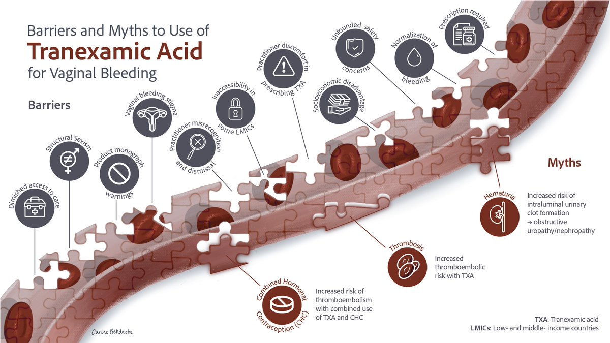 TXA treats heavy menstrual bleeding and postpartum hemorrhage, but widespread adoption faces barriers like sexism, period poverty, and stigma. Addressing these issues could save lives & improve quality of life. @hvandermeulen @ghltang @sholzberg Read: rpthjournal.org/article/S2475-…