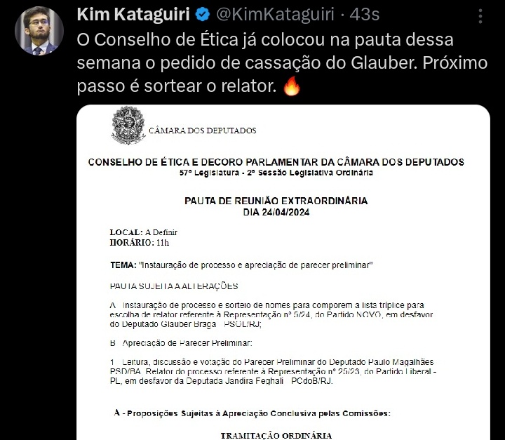 🚨 O Conselho de Ética já colocou na pauta dessa semana o pedido de cassação do Glauber.

vamo de #GlauberCassado