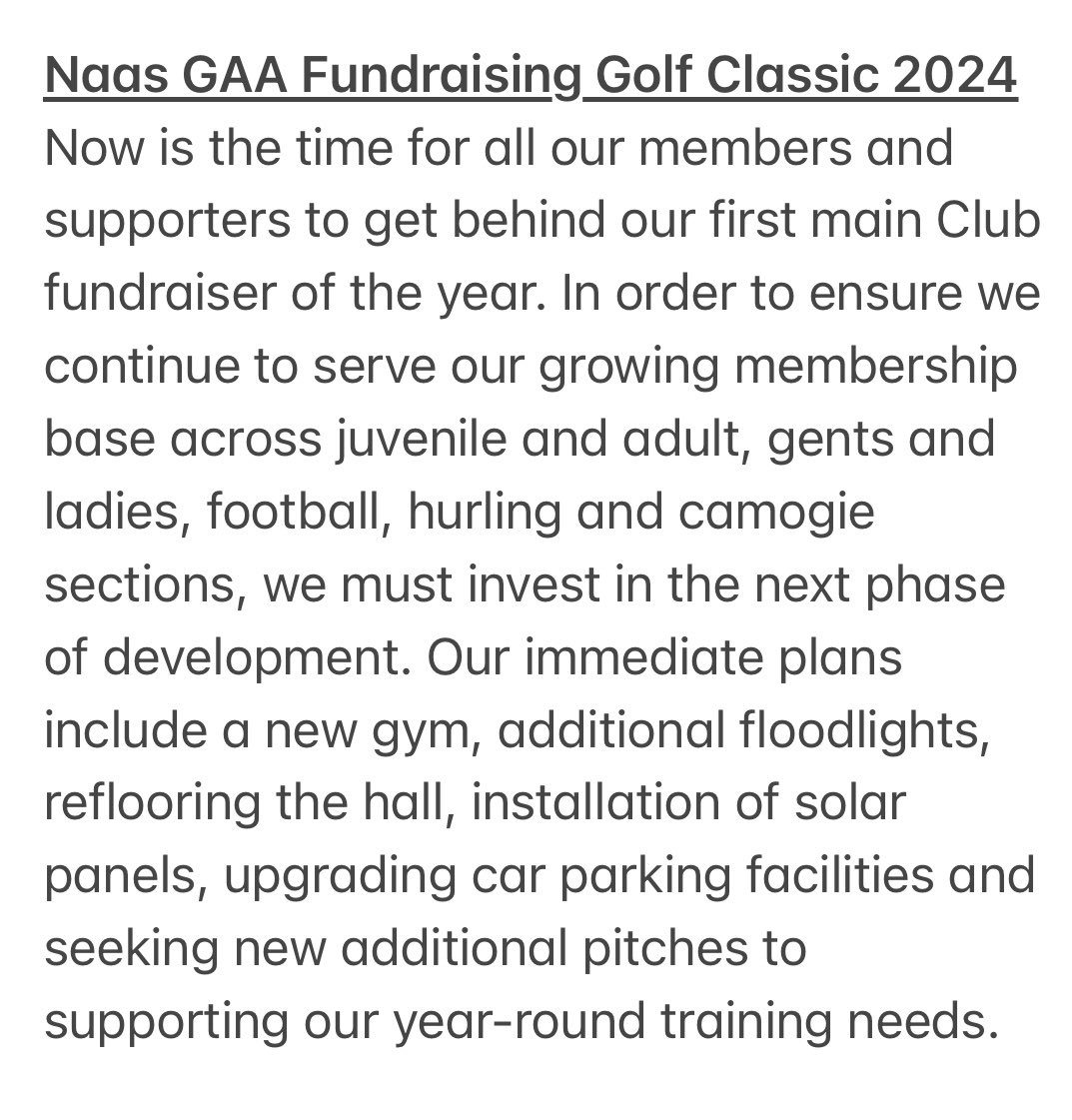 NaasGAA's tweet photo. Naas GAA Fundraising Golf Classic 

Now is the time for all our members and supporters to get behind our first main Club fundraiser of the year. Support our Golf Classic on 7th June 
To book your time or for sponsorship opportunities or queries contact: naasgaagolfday@gmail.com https://t.co/GSeStVQ0sw