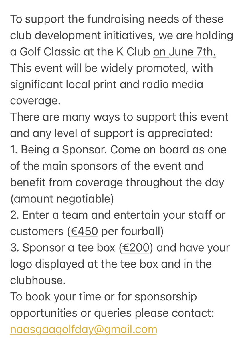 NaasGAA's tweet photo. Naas GAA Fundraising Golf Classic 

Now is the time for all our members and supporters to get behind our first main Club fundraiser of the year. Support our Golf Classic on 7th June 
To book your time or for sponsorship opportunities or queries contact: naasgaagolfday@gmail.com https://t.co/GSeStVQ0sw