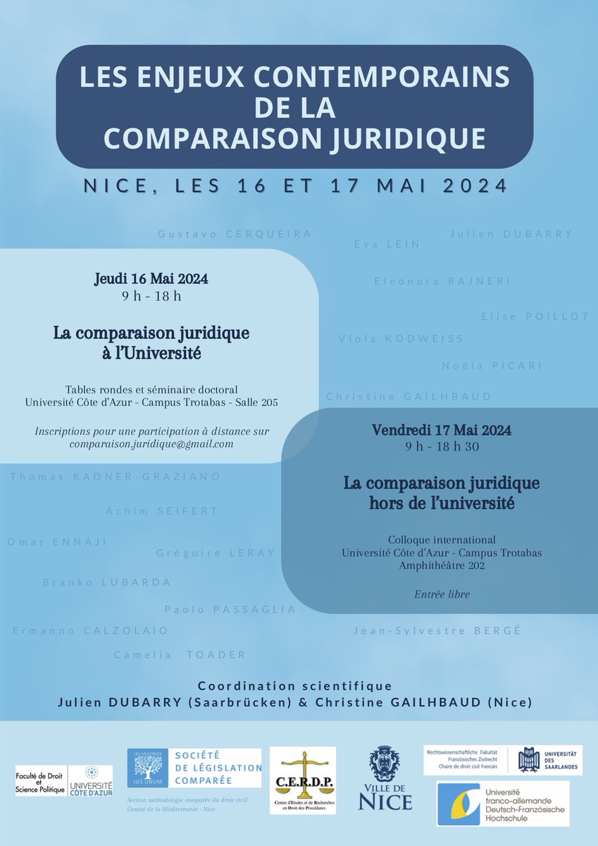 Prenez date. 
<a href="/DroitScPoNice/">DroitSciencePoNice</a> <a href="/DFHUFA/">DFH-UFA</a> <a href="/VilledeNice/">Ville de Nice</a> <a href="/legiscompare/">Société de législation comparée</a> <a href="/Univ_CotedAzur/">Université Côte d'Azur</a> <a href="/LSDroitcivil/">Lehrstuhl Droit civil</a> <a href="/Saar_Uni/">Universität Saarland</a> <a href="/cerdp1201/">CERDP</a>
Large diffusion bienvenue.
cc : <a href="/Blogcomparatum/">International Academy of Comparative Law</a> <a href="/Dice_UMR7318/">DICE Droits International, Comparé et Européen</a> <a href="/FDContinental/">Fondation pour le droit continental</a> <a href="/IDCParis2/">Institut de Droit Comparé - Université Paris 2</a> @AssoCapitant <a href="/GREDEG_UMR/">GREDEG</a> <a href="/iacl_aidc/">IACL-AIDC</a> <a href="/ISDC_Lausanne/">ISDC</a> @MPIPRIV