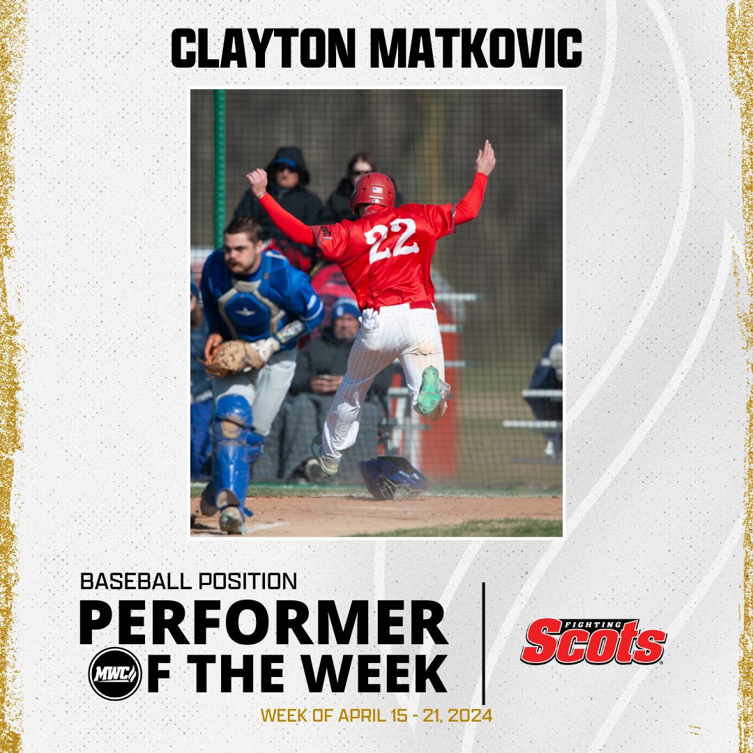 Midwest Conference (@mwcsports) on Twitter photo MWC Baseball Position Performer of the Week: Clayton Matkovic, Monmouth College <a href="/MCFightingScots/">Monmouth Athletics</a> MWC Baseball Position Performer of the Week: Clayton Matkovic, Monmouth College <a href="/MCFightingScots/">Monmouth Athletics</a>