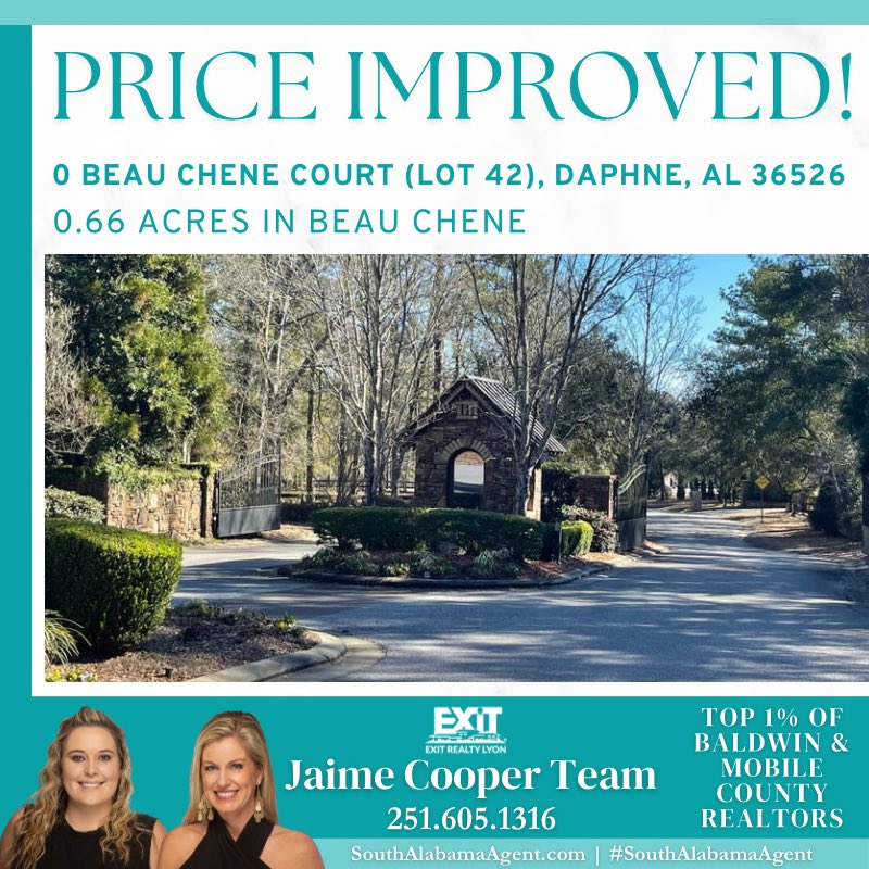 Price Improved on this Beau Chene lot!🌳
Reduced $10K now $110K!🤩

Jaime Cooper Team 📲251.605.1316 #Realtor #SouthAlabamaAgent #BaldwinCounty #ListWithJaime #BuyWithJaime #BaldwinRealtors #JaimeCooperTeam #new #realestate #easternshore #daphne #daphnealabama #lot #land #build