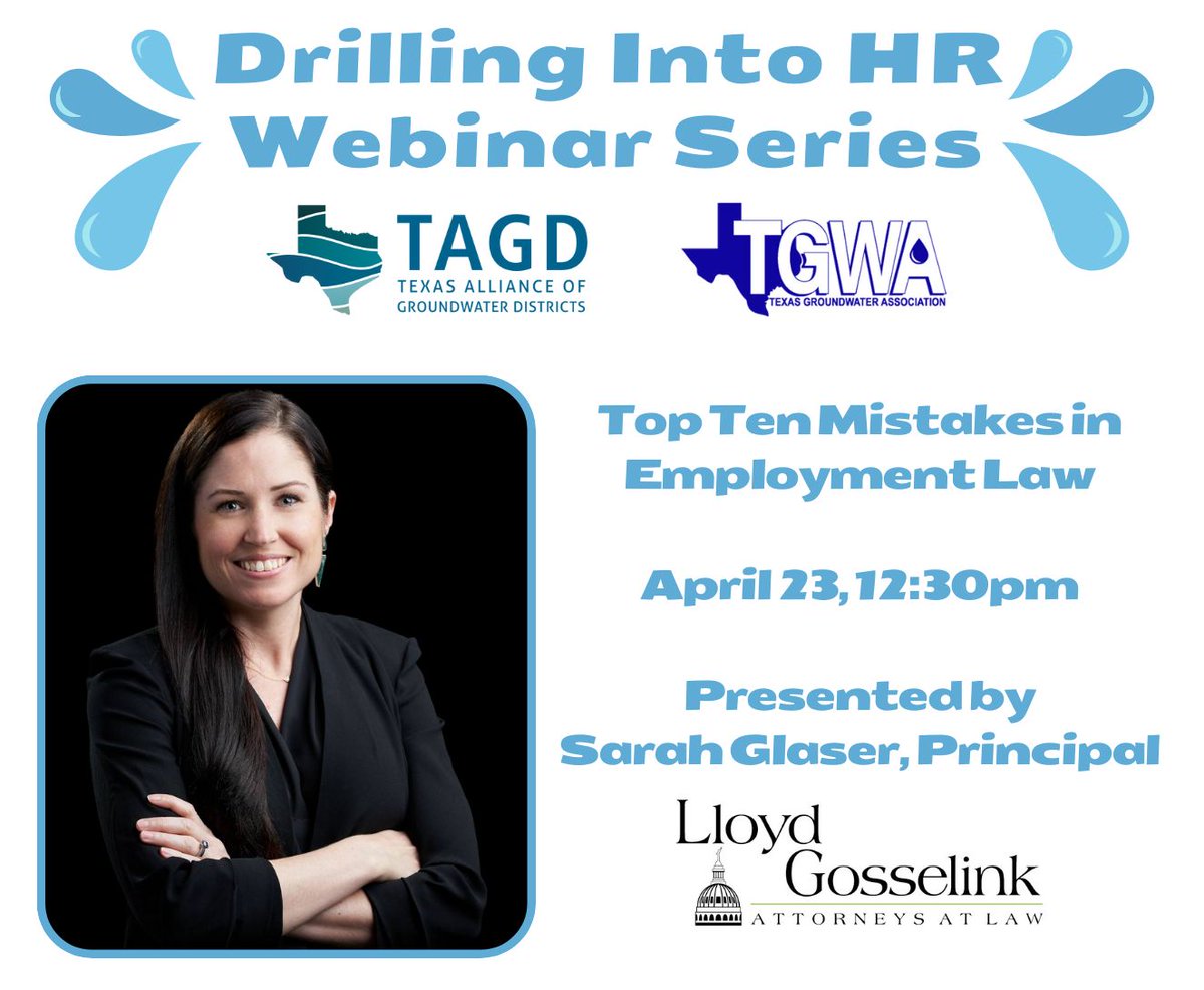 TAGD & TGWA members, don't miss this free HR webinar, tomorrow at 12:30! Sarah Glaser is the chair of @lloydgosselink 's employment law practice and will be sharing ten mistakes that plaintiff's lawyers love 😉  TAGD members can register here: buff.ly/3UbLYfP