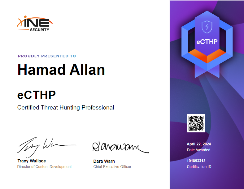 IDunhill77's tweet image. الحمدلله دائماً وابداً بعد طوووول انتظار 

I’m happy to share that I have successfully passed the Threat Hunting Professional (eCTHPv2) Certification from @INEsecurity