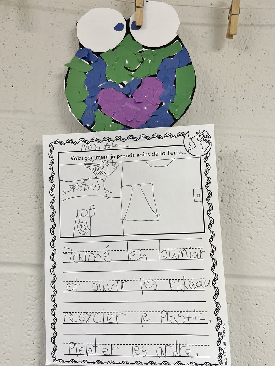 MmeBishopFI's tweet photo. Joyeux jour de la terre! We learned about what it means to reduce, reuse and recycle, and wrote about ways we could take these steps in our lives! Then we used paper scraps (reusing!) to make torn paper art 🌏🌷❤️@EcoleMaple_LDSB https://t.co/KbemCuXijE