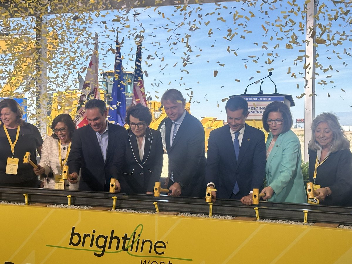 We officially broke ground on Brightline West's high-speed rail connecting Las Vegas & Rancho Cucamonga! I'm proud to have helped deliver $3 billion for this project, which will create 35,000+ jobs, lower carbon emissions and bring communities closer to each other.