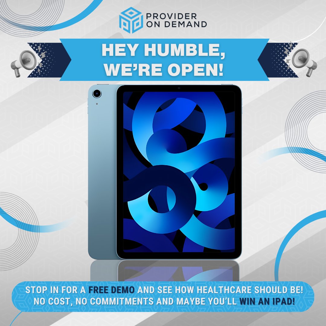 Visit us at 3809 Atascocita Road, Suite 150, Humble Tx.

#ProvideronDemand #myPOD #HealthForAll #HealthInnovation #ipad #GiveawayAlert