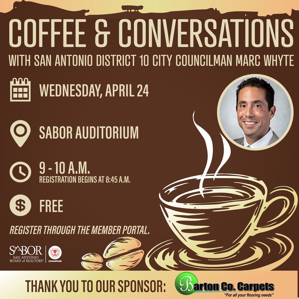 Just a few days away! Join us for 'Coffee and Conversations' on Wednesday, April 24 with San Antonio District 10 City Councilman Marc Whyte. ☕ This is a great opportunity to network and discuss local issues affecting the real estate industry. Register: bit.ly/3TEiOWx