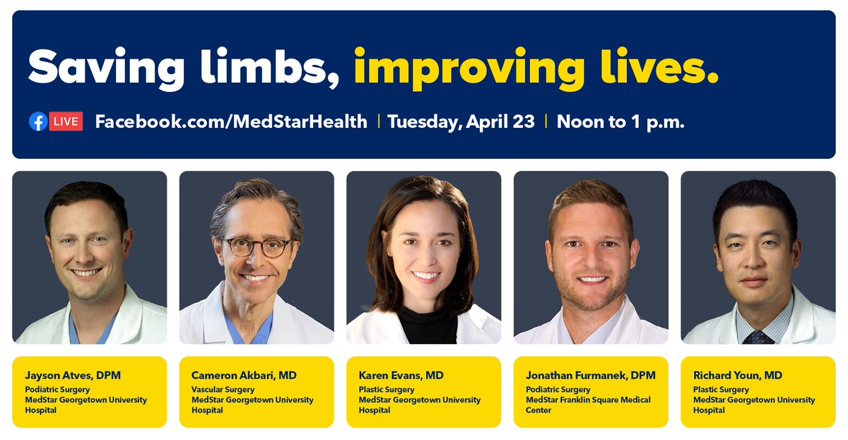 Have questions about wound care and limb salvage? Get answers during our Facebook Live tomorrow at noon: ms.spr.ly/6015YDxch Meet experts from the MedStar Health Wound Healing Institute, who specialize in podiatric surgery, vascular surgery, plastic surgery, and wound care.