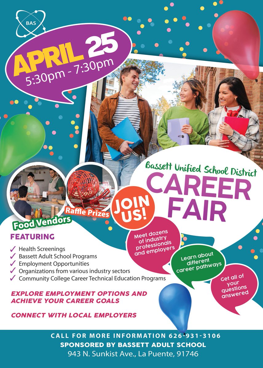 Bassett Adult School Career Fair! April 25, 5:30-7:30 at the BAS campus. Free Food, and Giveaways! Learn about career pathways and meet industry professionals! We hope to see you there!
#BUSDProud