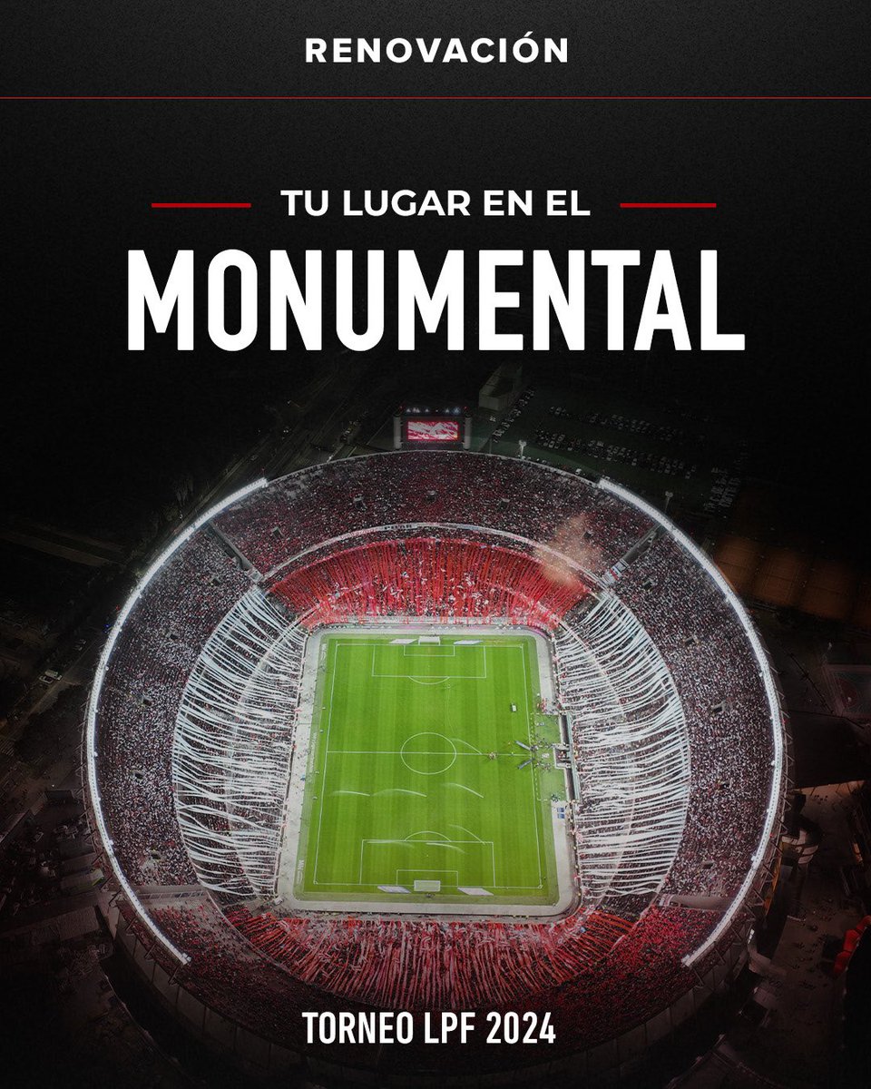 🏟️ Tu Lugar en el Monumental – Liga Profesional de Fútbol 2024 Desde ahora y hasta el martes 30/4 a las 20, los socios con TLM podrán renovar su abono conservando la misma ubicación para el torneo que comenzará en mayo. Todos los detalles, acá ➡️ cariverplate.com.ar/tu-lugar-en-el…