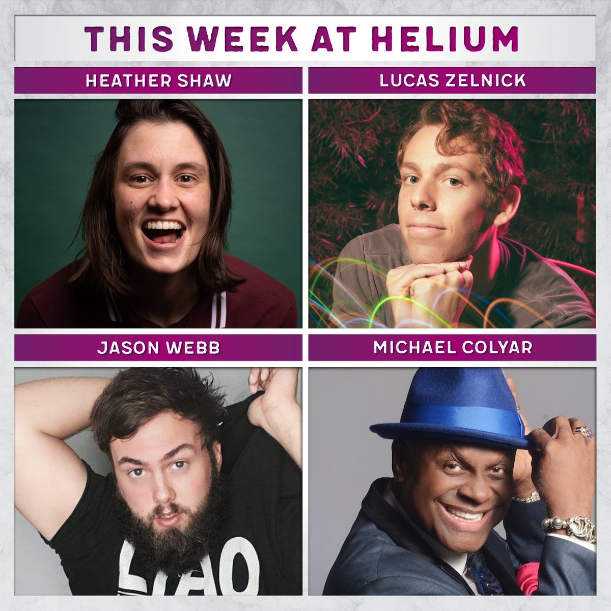 This Week at Helium | Heather Shaw, Lucas Zelnick, Jason Webb will be Upstairs, + @MichaelColyar headlines this weekend! Grab tickets now: bit.ly/3QzPDCy