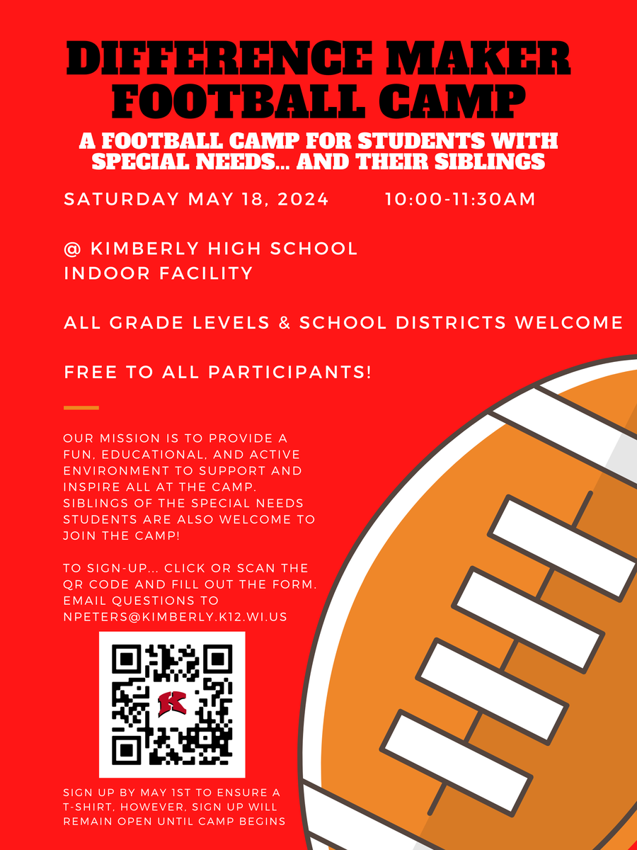 Our annual Difference Maker Football Camp for students with special needs & their siblings is Saturday May 18th, 10-11:30am. The camp is student/player led and FREE to campers! See image for more info or click the link to sign-up. forms.gle/ijs3bH3gJoqbhq…