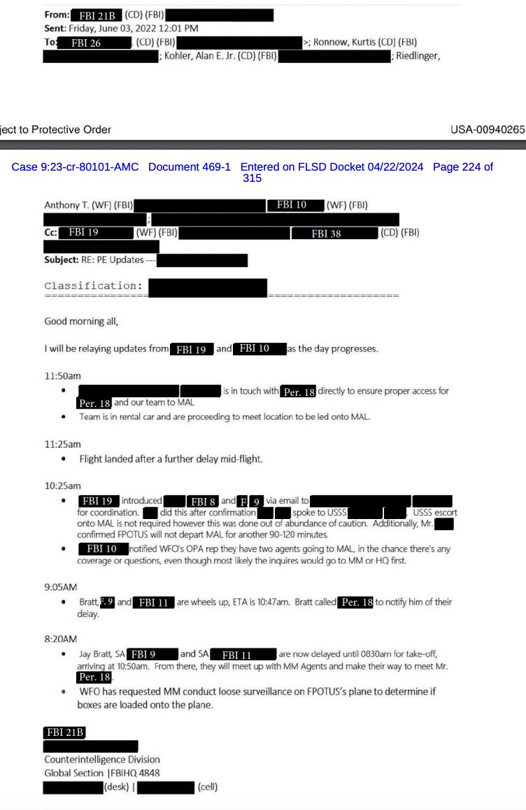 FBI discussed doing 'loose surveillance' of Trump plane to see if he took any boxes with him from Mar-a-Lago on the day DOJ attorneys went down to meet him. storage.courtlistener.com/recap/gov.usco…