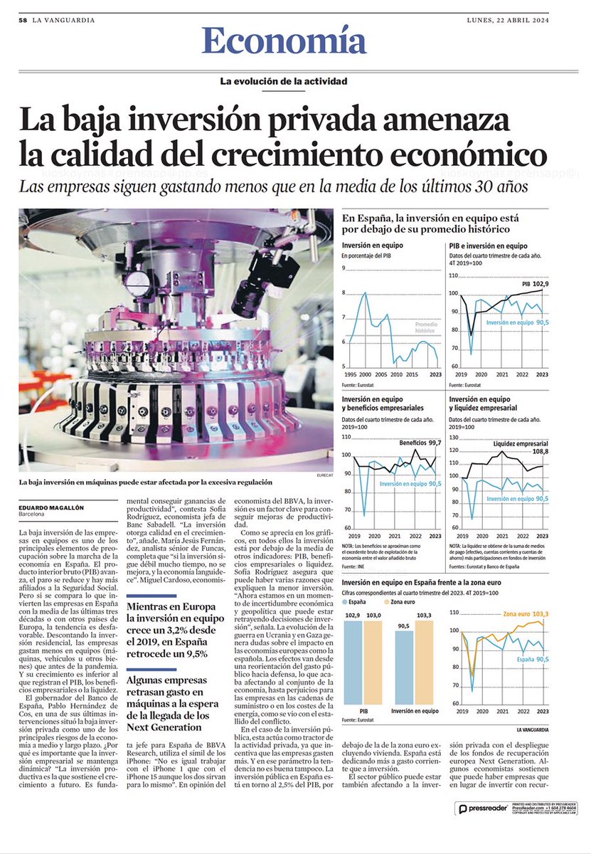 (1/2) Hoy, @LaVanguardia España basa su crecimiento en mayor consumo público, sostenido en más deuda y fondos europeos; mala idea, xq no es sostenible Un crecimiento estable necesita inversión, xo España no es atractiva por su #asfixiafiscal: 69 subidas de impuestos con Sánchez