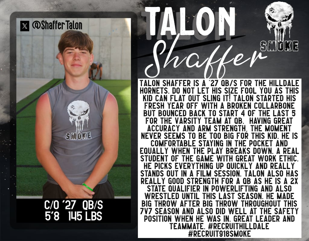 918 Smoke 7v7 (@918smoke7v7) on Twitter photo πLets go <a href="/ShafferTalon/">Talon Shaffer</a>! Super proud of you & the season you had this year! You threw the ball as well as anyone this year and decision making was next level. Looking forward to seeing your progression this Fall for <a href="/HornetTouchdown/">Hilldale Football</a>. #Recruit918Smoke #RecruitHilldale #QB1 π¨π¨π¨ πLets go <a href="/ShafferTalon/">Talon Shaffer</a>! Super proud of you & the season you had this year! You threw the ball as well as anyone this year and decision making was next level. Looking forward to seeing your progression this Fall for <a href="/HornetTouchdown/">Hilldale Football</a>. #Recruit918Smoke #RecruitHilldale #QB1 π¨π¨π¨