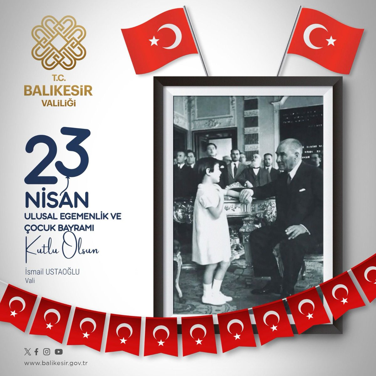 Türkiye Büyük Millet Meclisi'nin açılışının 104.yıl dönümünde,başta Cumhuriyetimizin kurucusu Gazi Mustafa Kemal Atatürk olmak üzere,aziz şehitlerimizi rahmet,gazilerimizi minnet ve şükranla anıyor, sevgili çocuklarımızın 23 Nisan Ulusal Egemenlik ve Çocuk Bayramı'nı kutluyorum.