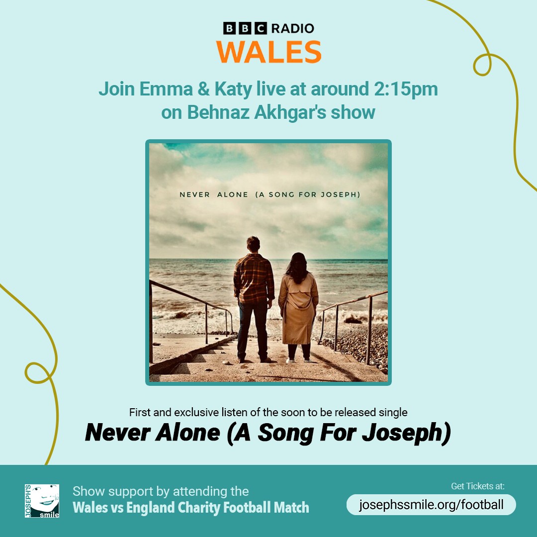 Tune in to BBC Radio Wales at 2:15pm tomo, where we will be live in the studio with @behnazakhgar talking all things Wales v England, Joseph's Smile & the beautiful song, Never Alone (A song for Joseph) written by @stevebalsamo & Tim Hamill, with the The Black Mountain Voices.