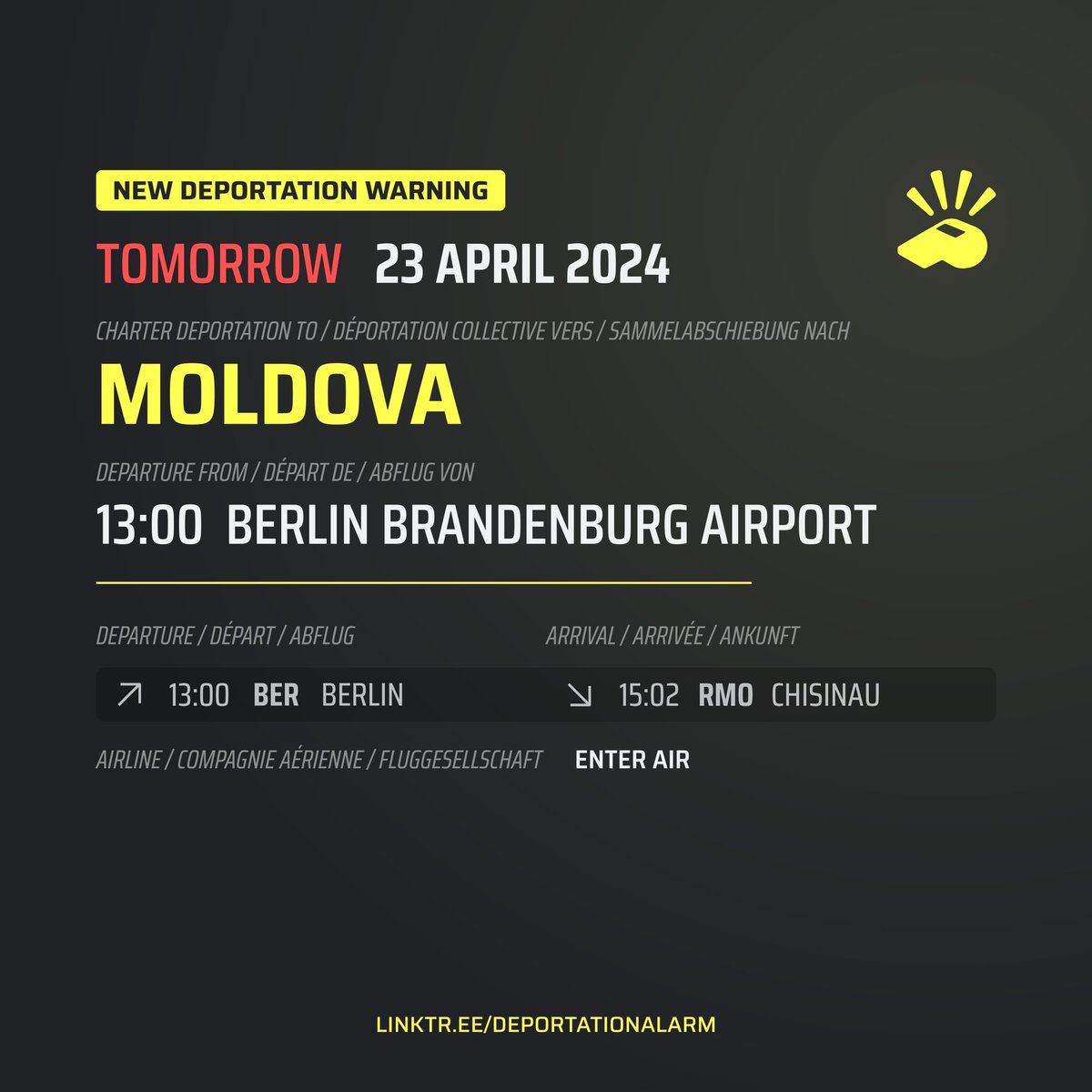 🔴 TOMORROW! 🟡 NEW WARNING: TO MOLDOVA ON 23/04/24 FROM BERLIN Mâine! O nouă deportare charter în Moldova este planificată pe 23 aprilie 2024. Plecarea ar trebui să fie la ora 13:00 de la Aeroportul Berlin. Sosirea este intenționată să fie la Chișinău la ora 15:02.