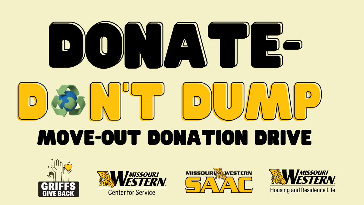 Happy Earth Day, Griffs! This week begins our end of semester donation drive. We have 9 chances for you to get rid of your unwanted items and help keep usable items out of the landfills! To find out more about donating or volunteering for this event, visit sites.google.com/missouriwester…