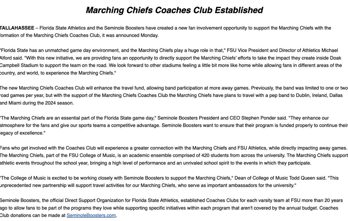 Per a release from #FSU Athletics, the Marching Chiefs plan to send a Pep Band to Dublin, Ireland (Georgia Tech), Dallas (SMU), and Miami during the 2024 season. #Noles