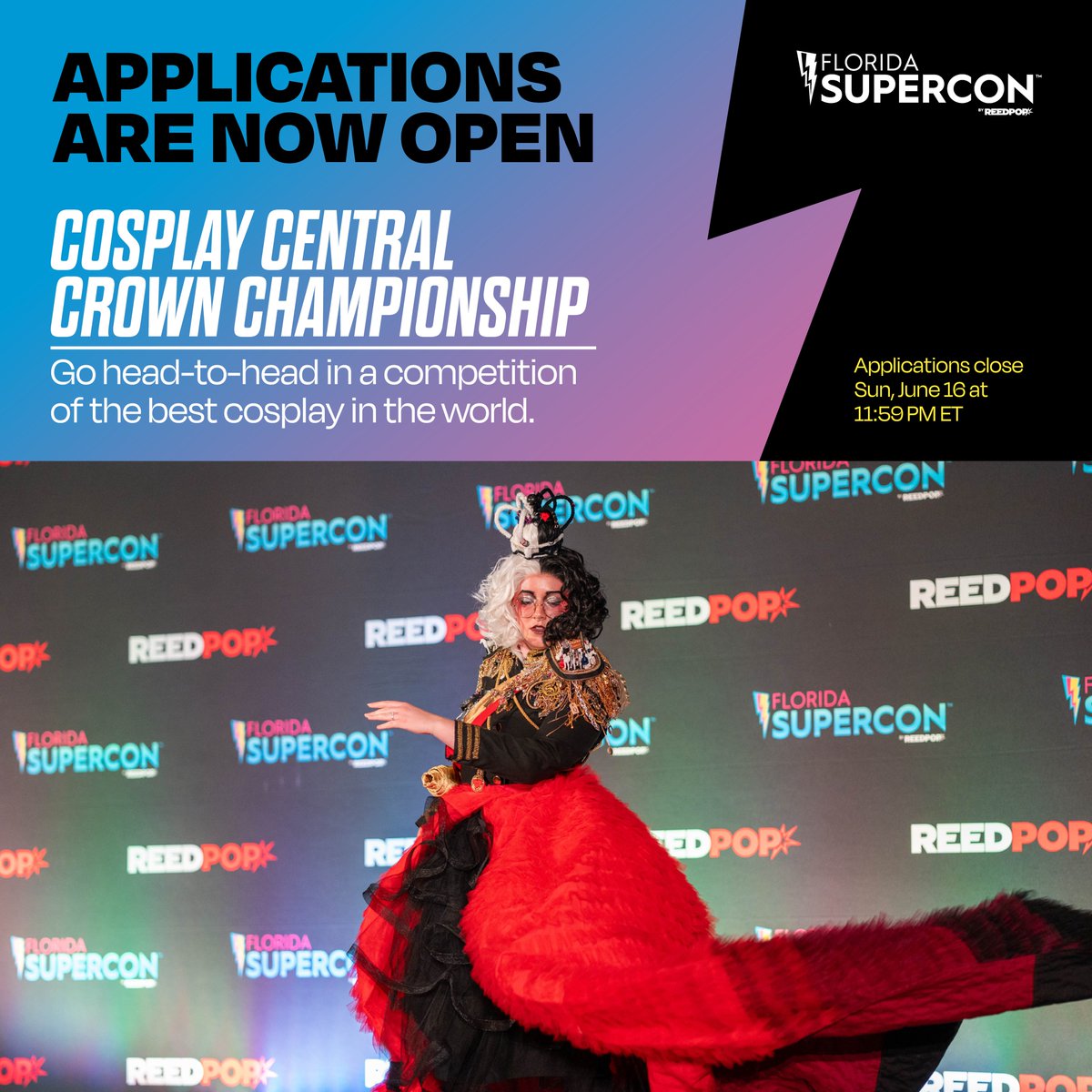 APP NOW OPEN ⚡ Put your skills to the test by applying to be a part of the Cosplay Central Crown Championships – a spectacular competition of the best cosplay in the world! Learn more and apply now: Supercon24.com/CCApp

Applications close Sunday, June 16 at 11:59 PM ET.