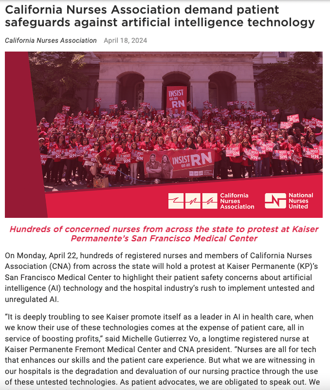 California nurses are protesting Kaiser's embrace of unreliable AI systems. I've spoken to nurses who have complained about them: They're prone to making incorrect diagnoses and often dangerously expedite patient care. @CalNurses are pushing back today: nationalnursesunited.org/press/cna-dema…