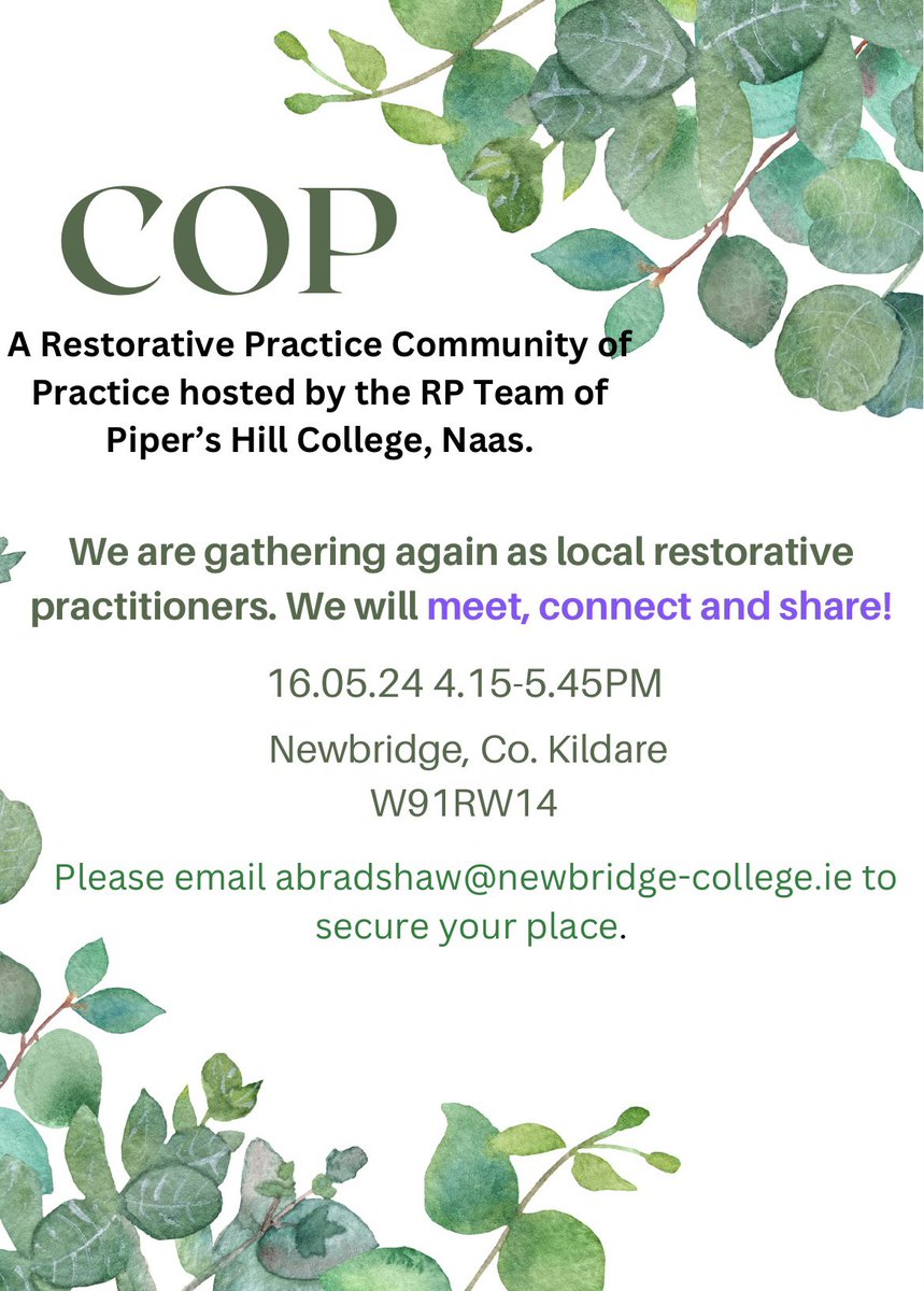 RuthKellyNC's tweet photo. Our final COP of the 2024 academic year. A gorgeous collaboration between @NewCol_Official &amp; @Pipershillcol @jphc87 Looking forward to connecting again with @CPCKilcullen @PSSNewbridge and other local schools in our community#kildare #cop #restorativepractices @RP_Ireland https://t.co/KkQrxcRPn5
