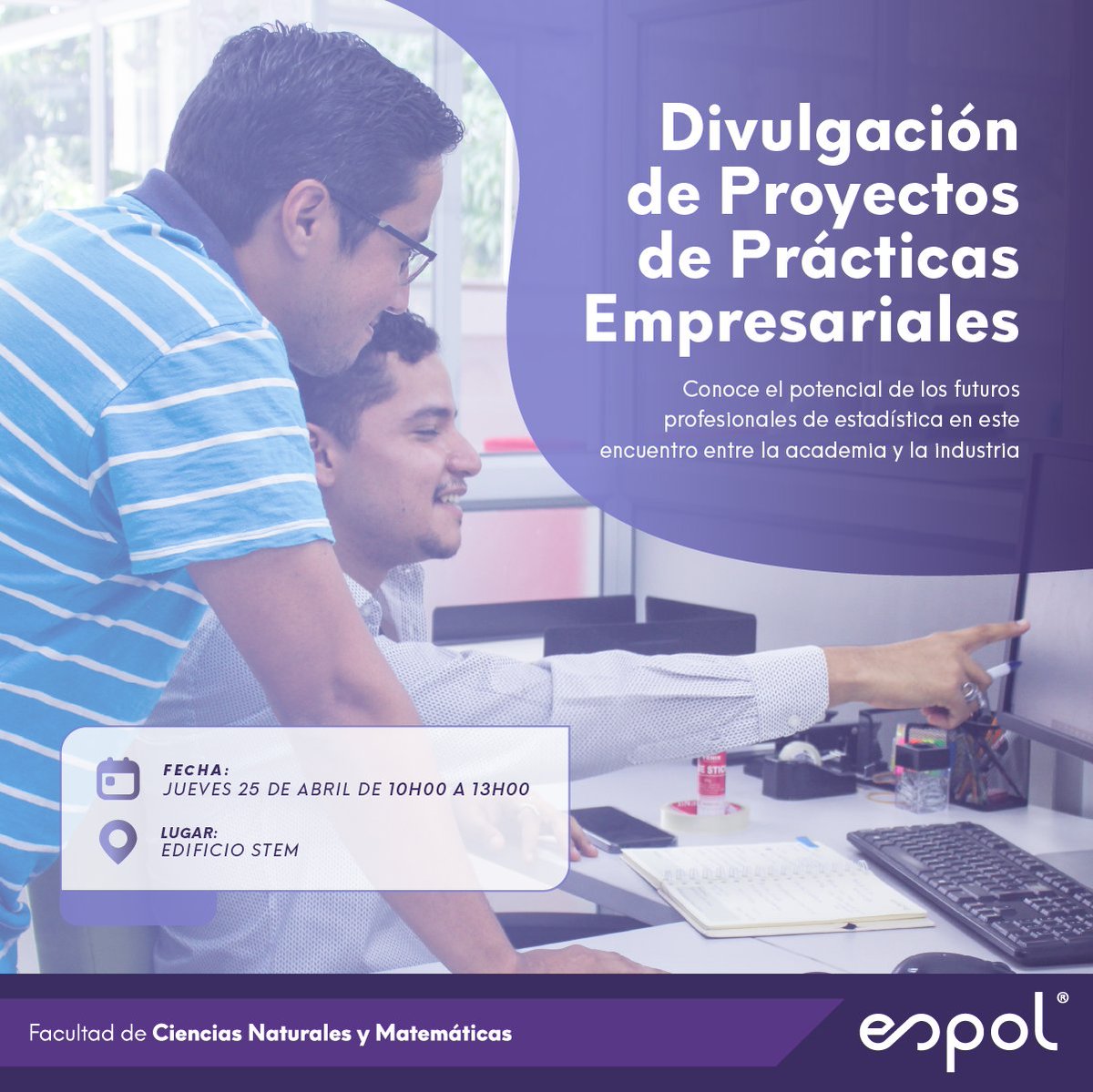 FCNM_Espol's tweet photo. ¡No te pierdas la Divulgación de proyectos de prácticas empresariales en estadística! 🗣💼

Una oportunidad para establecer conexiones entre la academia y el mundo empresarial. 🙌🏼

🗓jueves 25 de abril 
🕙10h00 a 13h00
📍Edificio STEM https://t.co/qg84W8bpb3