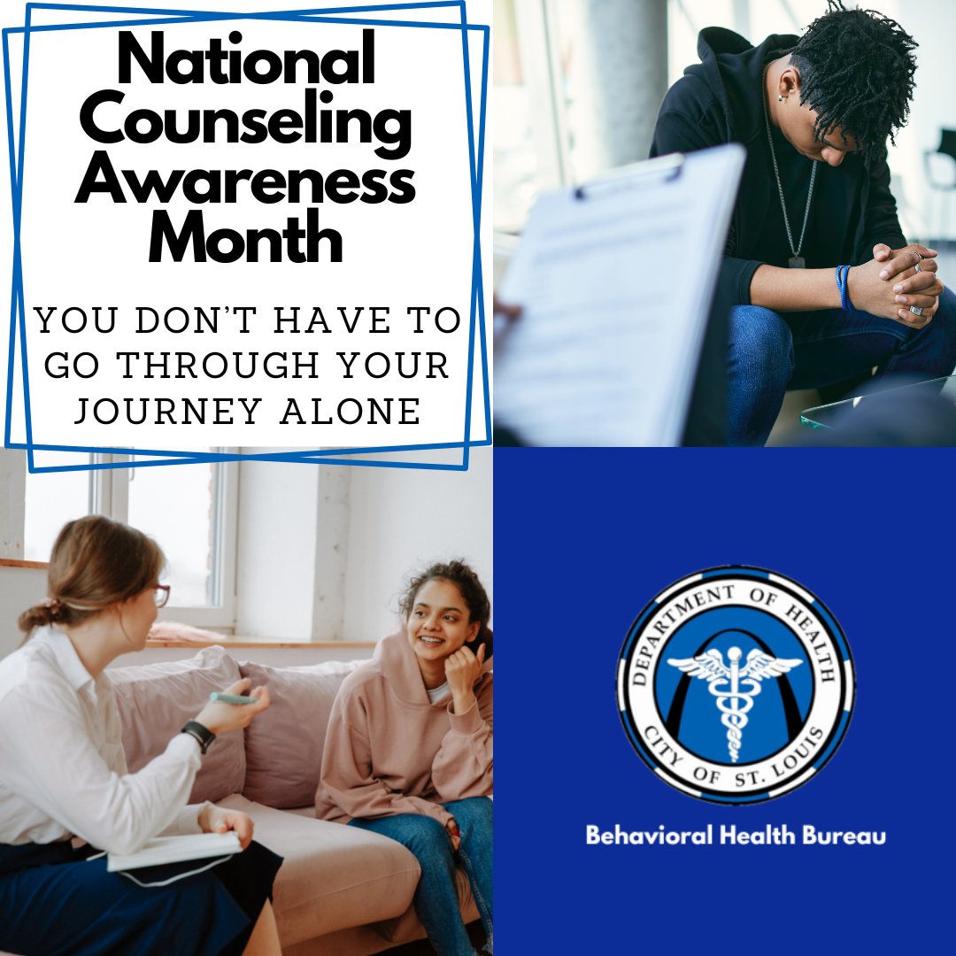 This month is #NationalCounselingAwareness Month, and we want you to know that speaking to a counselor or therapist about your life experiences can be very helpful. If you need assistance connecting with a mental health provider, please contact us at (314) 657-1585. #STLDOH #BHB
