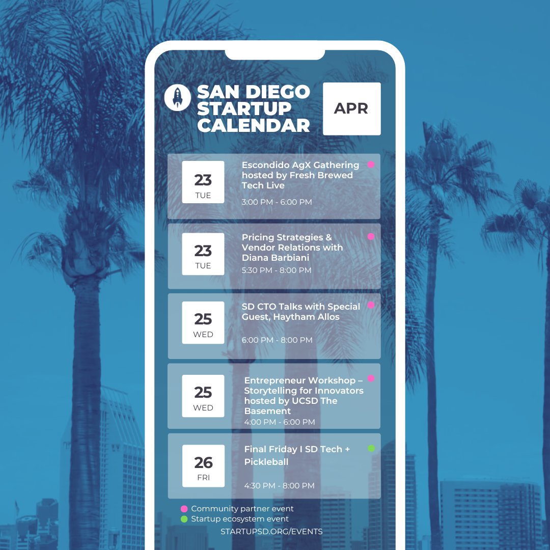 A lot of gatherings happening this week in the San Diego #startup community. From Escondido all the way to Coronado, make sure to show up and attend an event. 🚀 Check out the full #startup calendar: startupsd.org/events #StartupSD #StartupSanDiego #StartupCalendar
