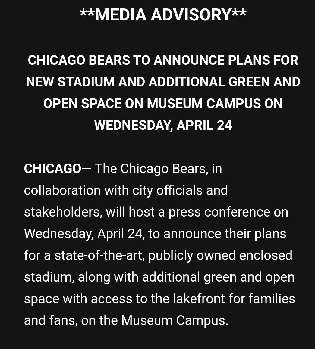 The #Bears will hold a press conference on Wednesday to announce plans for a new publicly owned stadium on the lakefront: