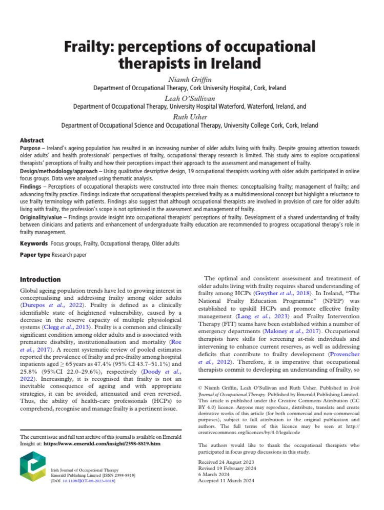 Delighted this paper is published open access emerald.com/insight/conten… @niamhgriff @CUH_OT_Dept @UCC_OSOT thanks to all OT participants and @AOTInews