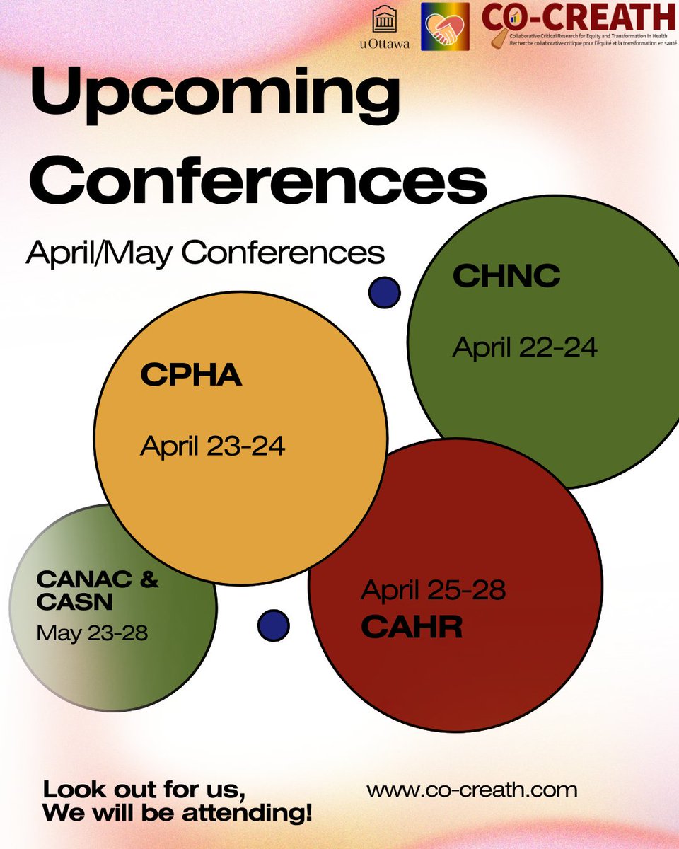 Here are a few conferences the CO-CREATH lab will be attending this season.

If you would be attending any of them, please feel free to stop by our booth!
#conference #knowledgeproduction #knowledgemobilization #cocreath #conferenceseason #research