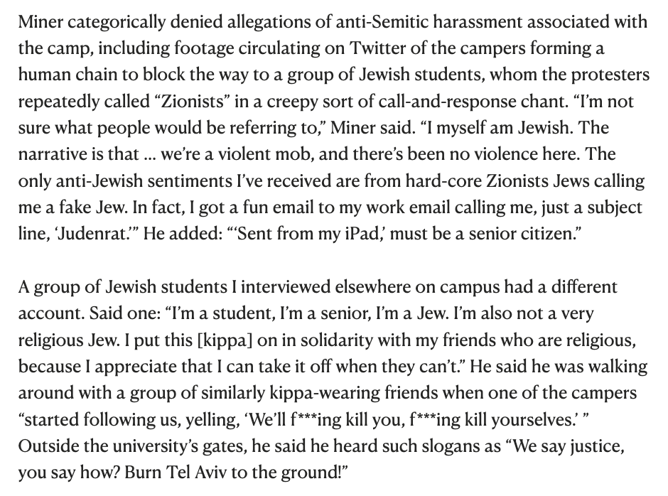 Two Jewish students I interviewed at Columbia today gave me two very different accounts of what's been going on. I believe the first student, who is a leader in the encampment and has been suspended by Columbia, sincere. But the footage/photos online cut against his account.