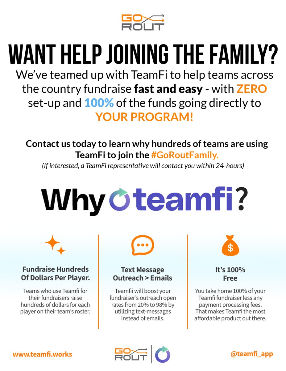 Coaches - interested in @Go_Rout? Need to wait until your fundraiser is over? Our friends at @teamfi_app can get you up and running with a 2 week digital fundraiser in just a few days. THE BEST PART? You keep 100% of the fundraiser! DM for more info!