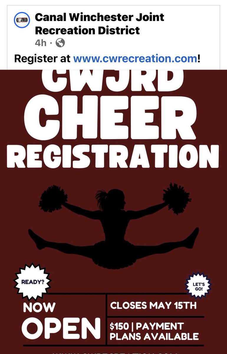 Rec cheer registration is open until May 5th.